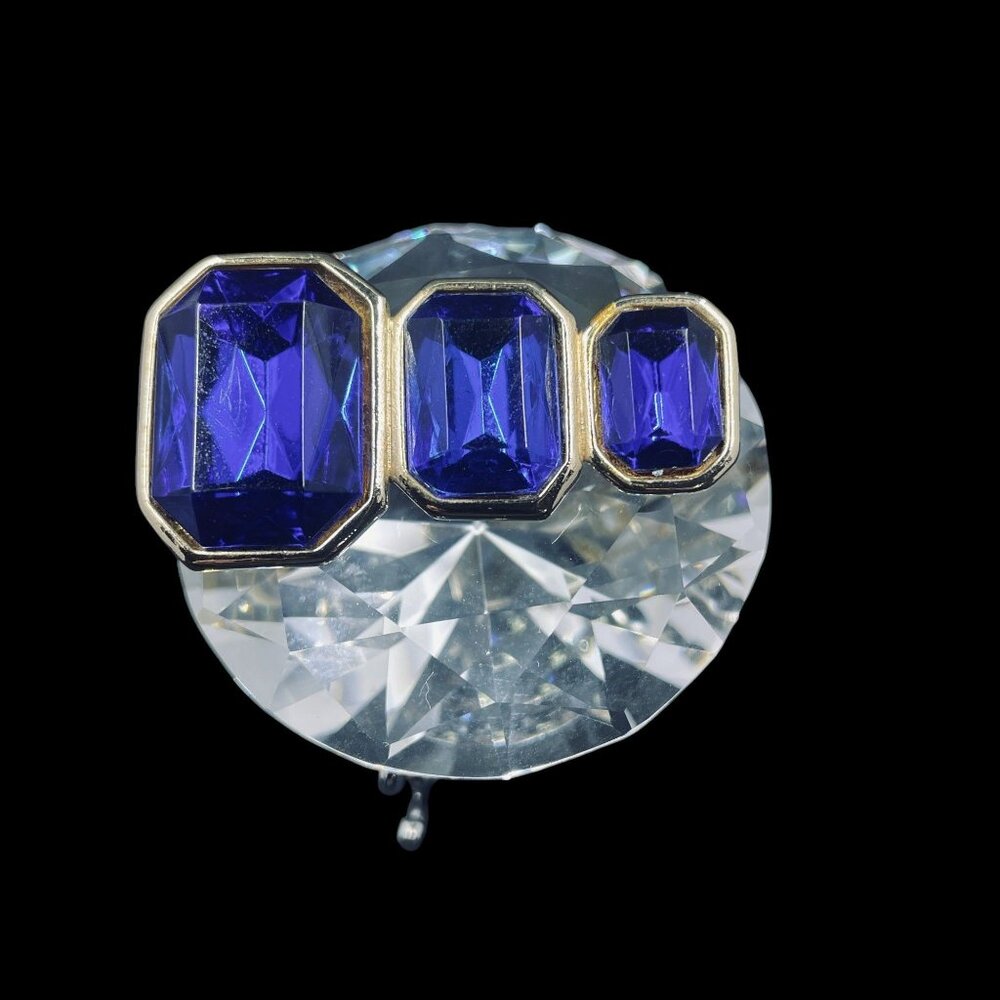 Vintage Sapphire Blue Crystal Brooch Emerald Cut Triple Stone Statement Pin